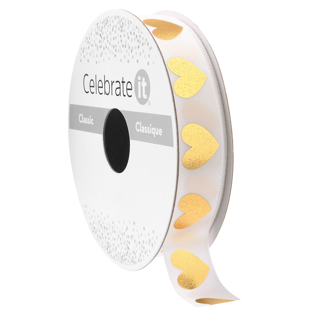 5/8" x 7yd. White & Gold Foil Hearts Satin Ribbon by Celebrate It® Classic